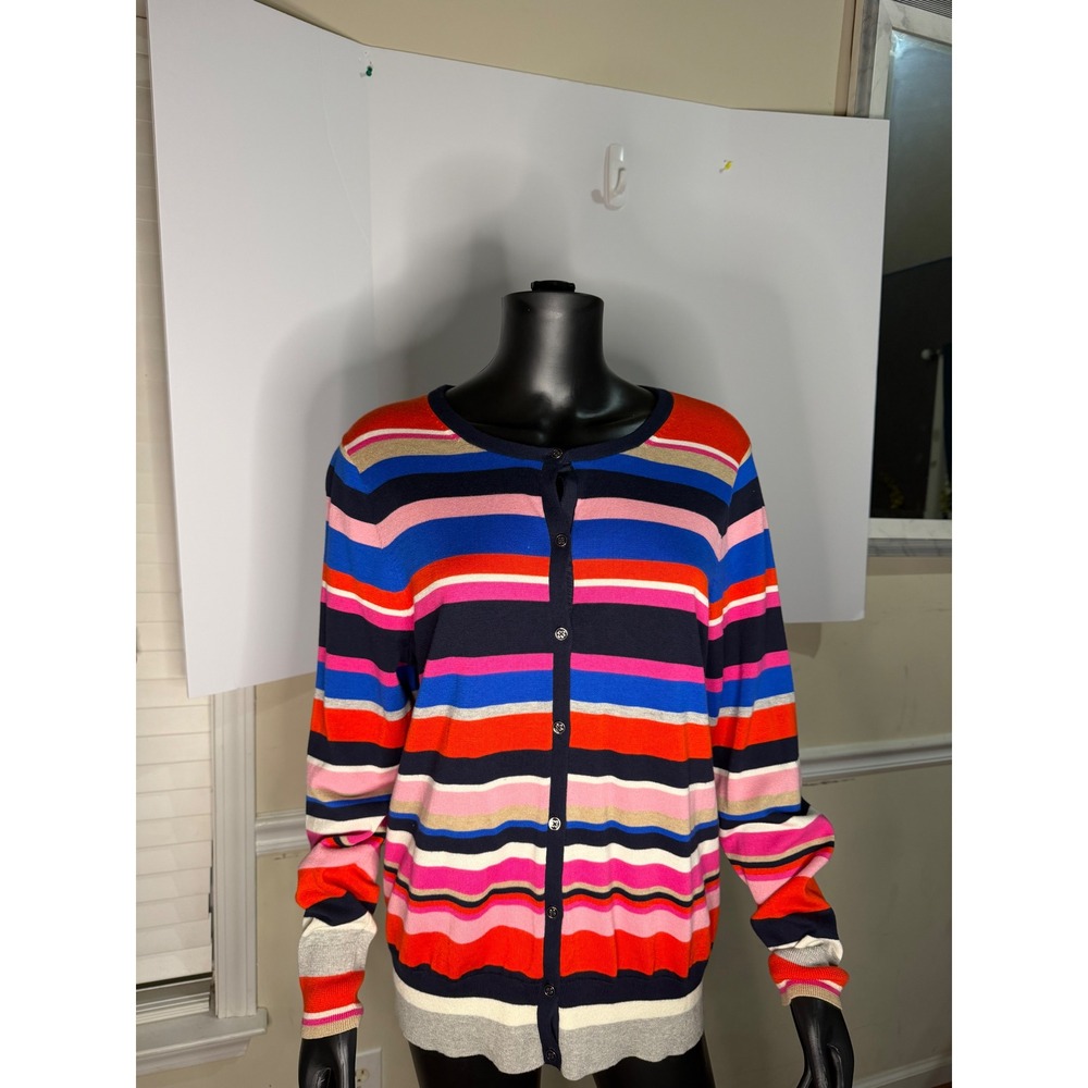 Lands' End Womens Supima Cotton Striped Cardigan Sweater Multi Color Large 14-16